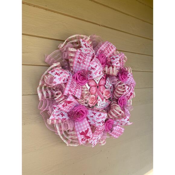 Pink Butterfly Breast Cancer Awareness Wreath Faith Hope Love Pink Ribbon Wreath - Picture 6 of 10